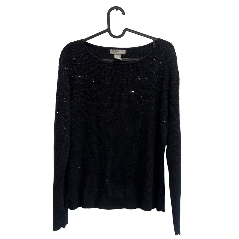 Designers Originals Black Sequin Long Sleeve Knit Sweater Top Women's L